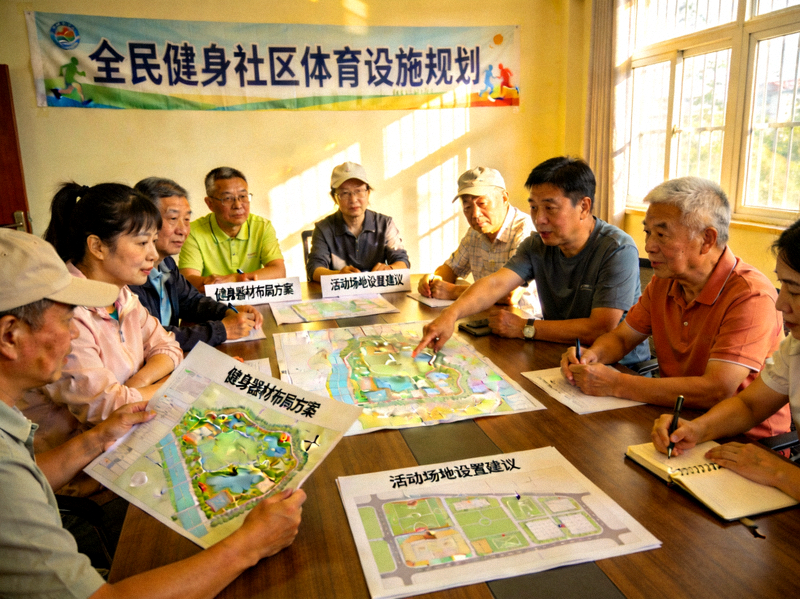全民健身社区体育团队成员讨论社区设施规划 - 团队协作场景