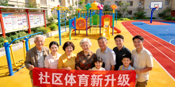 社区居民在新升级的体育设施前合影庆祝 - 社区活动场景