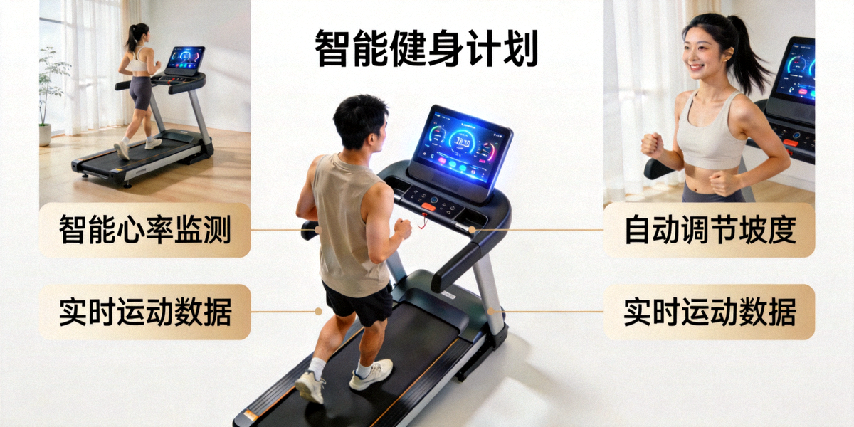 智能健身器材详细功能展示 - 居民使用智能跑步机场景