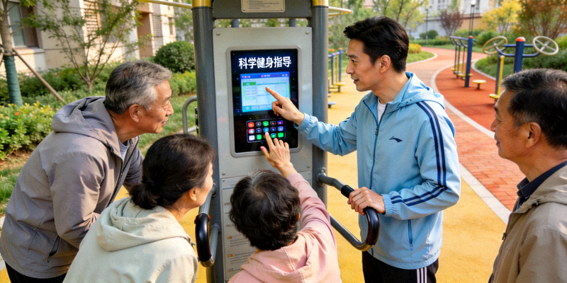 专家在社区指导居民使用智能健身器材 - 科学健身指导场景