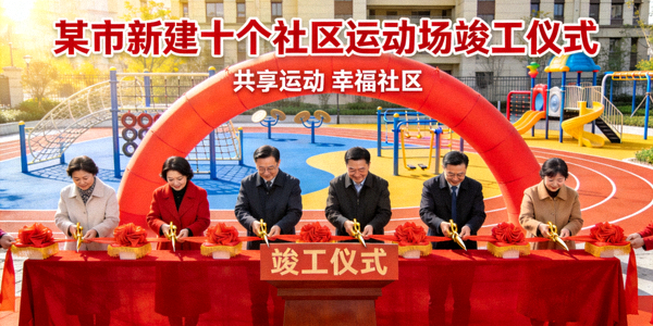某市新建十个社区运动场竣工仪式 - 居民代表剪彩场景