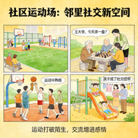 社区运动场促进邻里社交的漫画图解