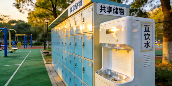社区运动场旁的共享储物柜和直饮水设施 - 体现便民服务