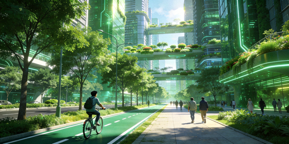 未来城市概念图：绿树成荫的街道上有专用的自行车道和步行区，人们悠闲地骑车、散步，高楼间有空中花园