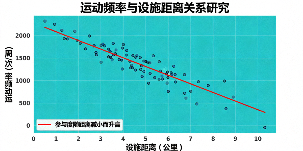 研究图表显示运动频率与设施距离的关系 - 距离越近参与度越高