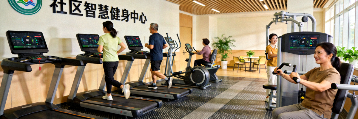 北京朝阳区社区智慧健身中心实景 - 居民使用智能健身器材进行锻炼