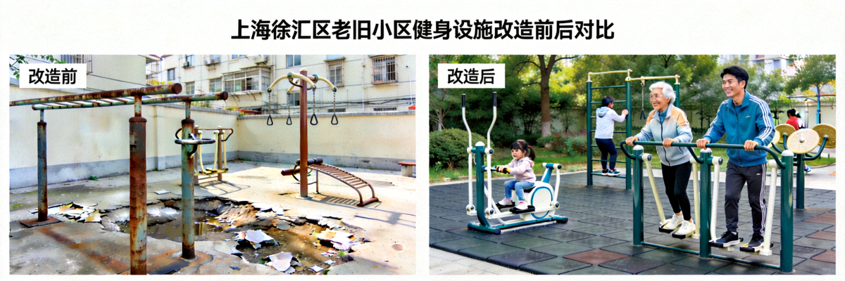上海徐汇区老旧小区健身设施改造前后对比 - 居民使用新器材锻炼