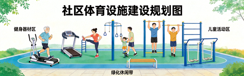 社区体育设施建设规划图 - 居民在新建健身器材上锻炼