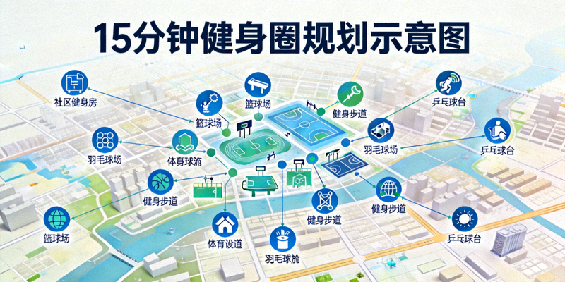15分钟健身圈规划示意图 - 地图上标注各类体育设施分布点