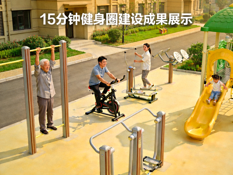 社区居民在新建健身设施旁锻炼 - 展示15分钟健身圈建设成果