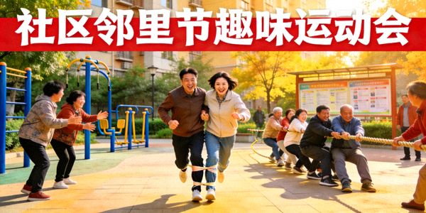 社区邻里节趣味运动会 - 居民参与两人三足、拔河等集体项目