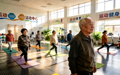 社区室内体育活动中心 - 宽敞明亮的空间内居民进行瑜伽和健身操练习
