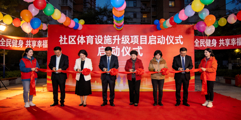 社区体育设施升级项目启动仪式现场 - 领导与居民代表共同剪彩