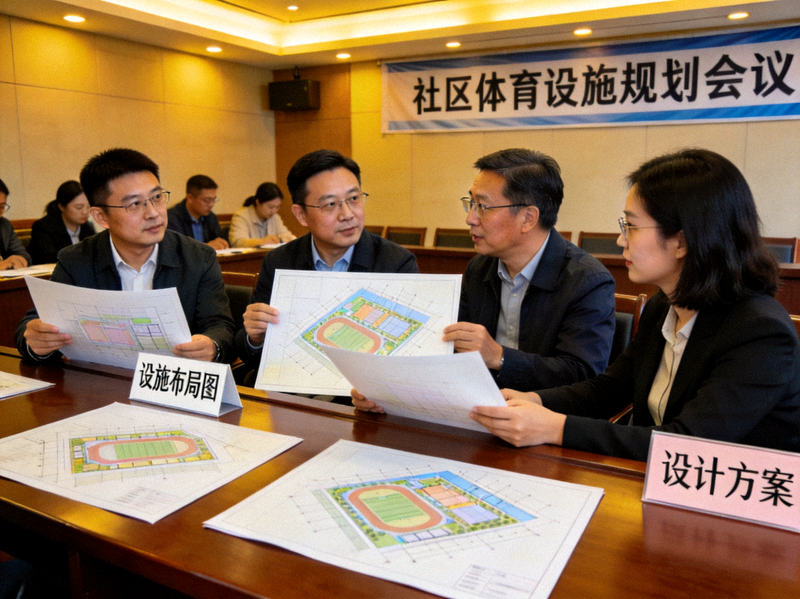 社区体育设施规划会议 - 工作人员讨论设施布局与设计方案