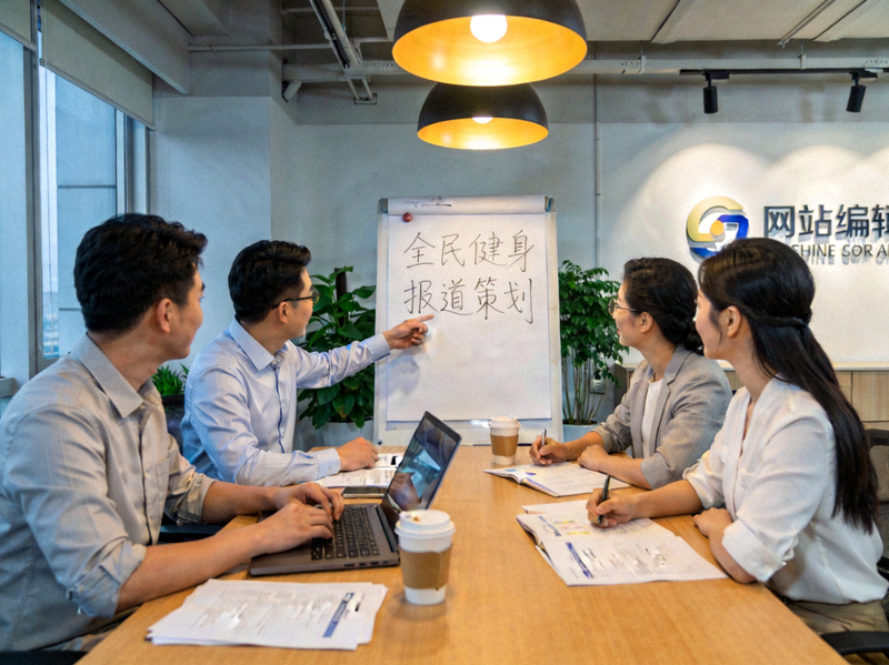 网站编辑团队工作场景 - 讨论全民健身报道内容