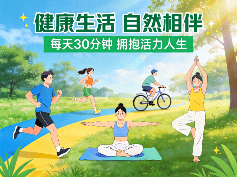 健康生活方式宣传图 - 人们在自然环境中进行各种健身活动