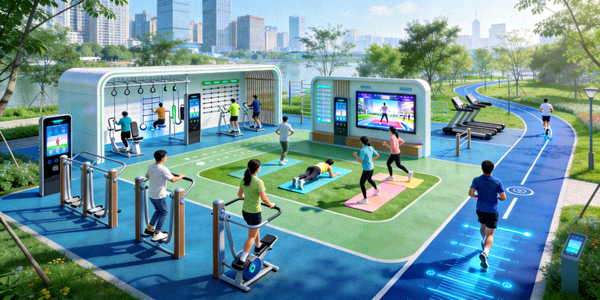 某市智慧体育公园全景 - 市民在不同智能健身区域锻炼