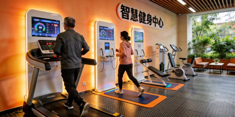 北京朝阳区社区智慧健身中心内部场景 - 居民使用智能健身设备