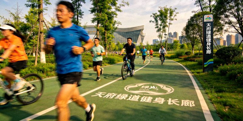 成都天府绿道市民跑步骑行场景 - 城市绿道健身长廊