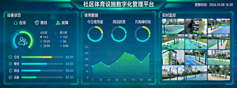 社区体育设施数字化管理平台界面 - 大屏幕显示设备状态与使用数据