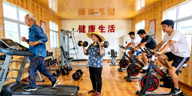 浙江乡村百姓健身房内部 - 村民在健身房锻炼