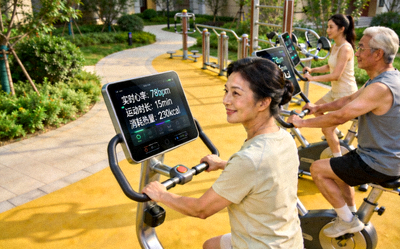 社区居民使用智能健身器材锻炼 - 屏幕显示实时运动数据