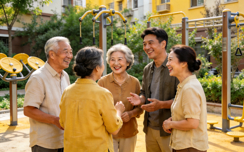 社区居民在新建设施旁开心交谈 - 展现和谐快乐的社区氛围