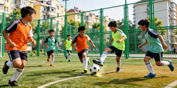 社区新建的笼式多功能球场 - 青少年正在进行足球比赛