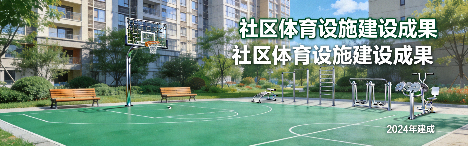 社区体育设施建设成果 - 崭新的社区篮球场和健身器材