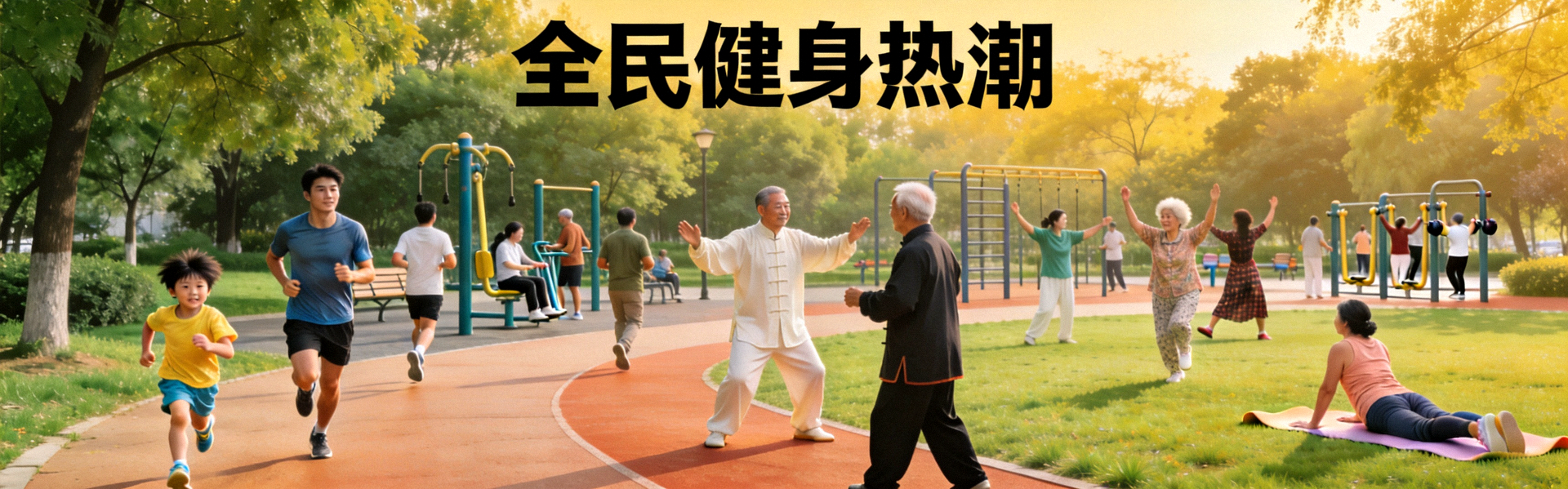 不同年龄段人群在公园进行多样化健身活动 - 全民健身热潮场景