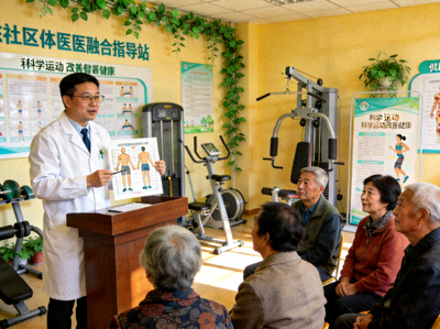 社区内的体医融合指导站，医生正在为居民讲解如何通过科学运动改善健康