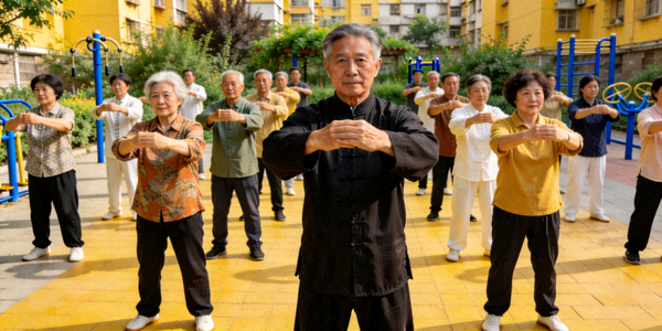 社区组织的中老年人在专业教练指导下练习八段锦，动作整齐划一，氛围和谐