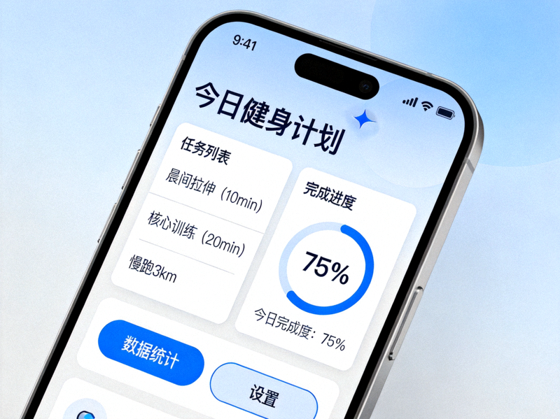 手机屏幕上显示个性化健身计划应用界面 - 包含每日任务与完成进度