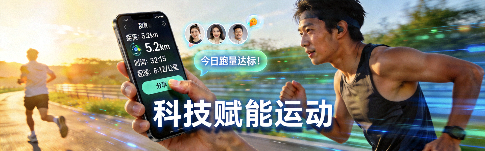 运动爱好者使用手机应用记录跑步数据并与朋友分享 - 科技赋能运动