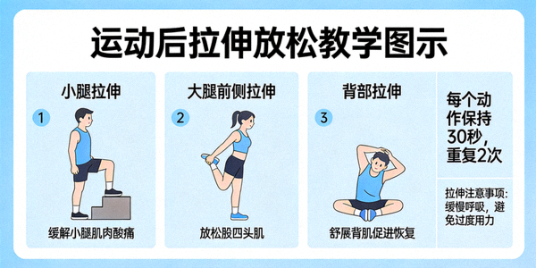 运动后拉伸放松教学图示 - 缓解肌肉酸痛，促进恢复