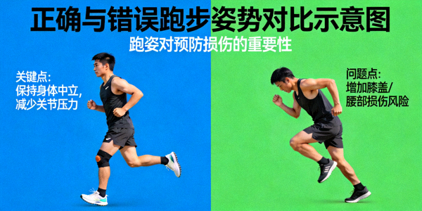 正确与错误跑步姿势对比示意图 - 强调跑姿对预防损伤的重要性