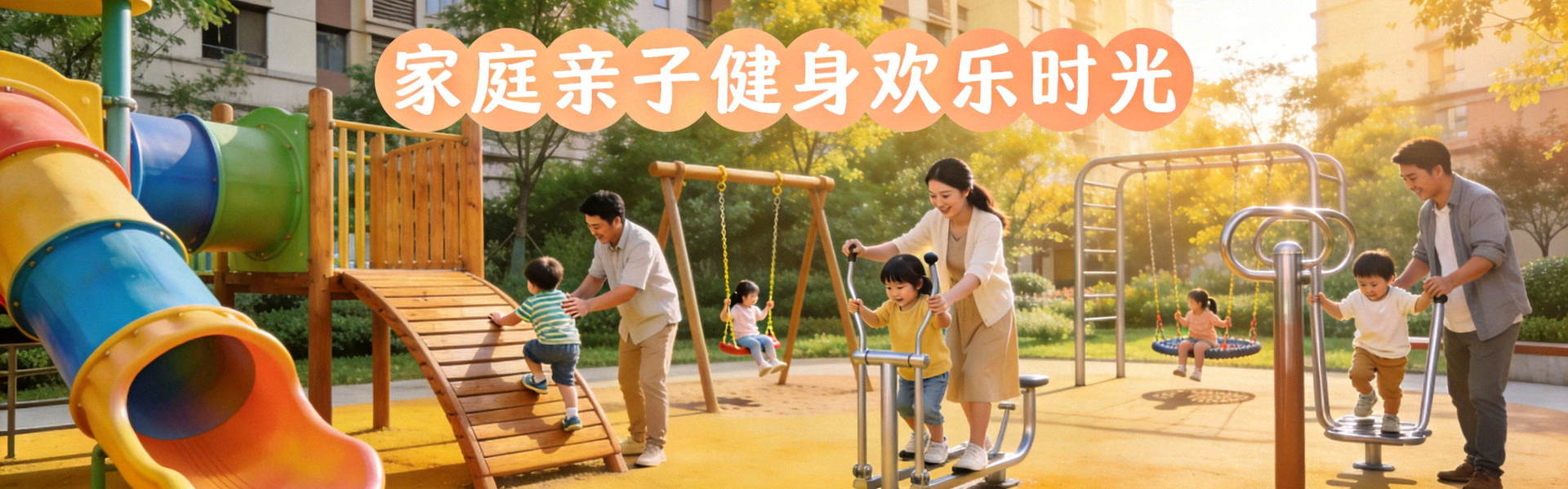 儿童在社区新建的户外游乐健身区玩耍 - 家庭亲子健身欢乐时光