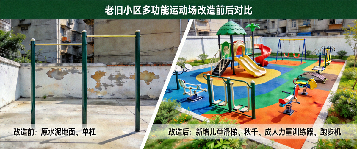 老旧小区多功能运动场改造前后对比 - 新增儿童与成人健身区域
