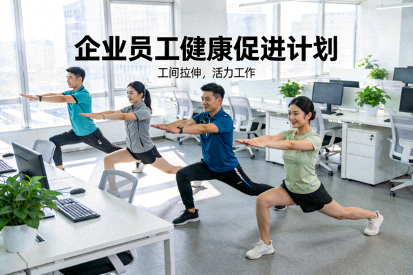 企业员工健康促进计划 - 办公室职员在专业指导下进行工间拉伸锻炼