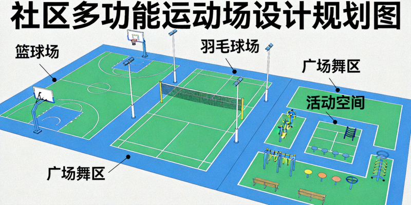 社区多功能运动场设计规划图 - 展示篮球、羽毛球、广场舞区域布局