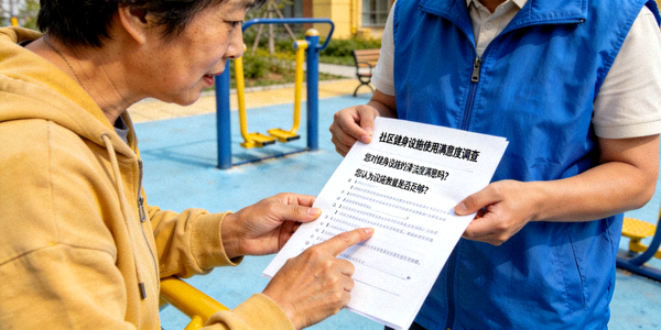 社区健身设施使用满意度调查现场 - 工作人员收集居民反馈意见