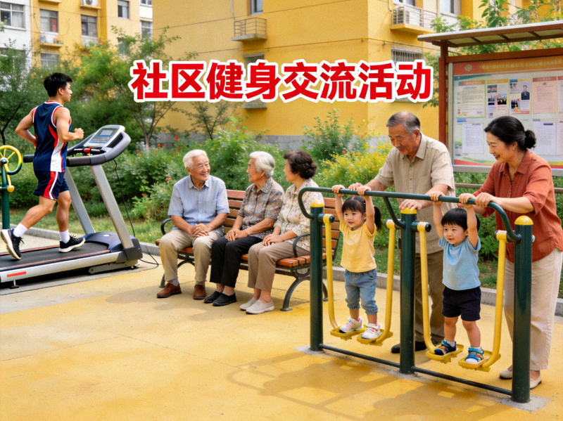 社区居民健身交流活动 - 邻里之间在健身设施旁愉快交谈与运动