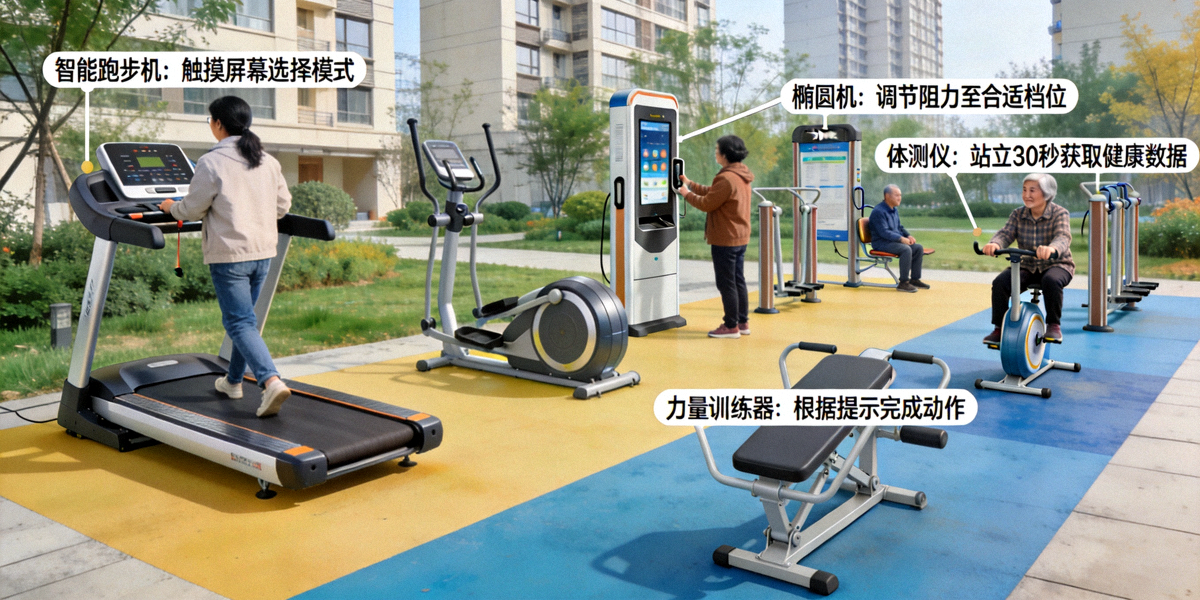 社区智能健身区全景展示 - 各类智能健身器材布局与使用说明