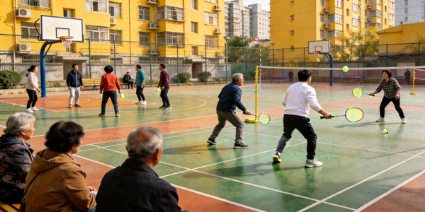 城市社区多功能运动场 - 居民正在进行篮球、羽毛球等体育活动