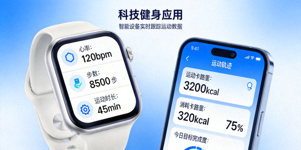 科技健身应用展示 - 智能手表与手机应用跟踪运动数据
