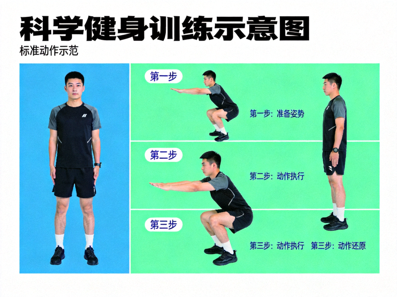 科学健身训练示意图 - 展示正确运动姿势与动作分解