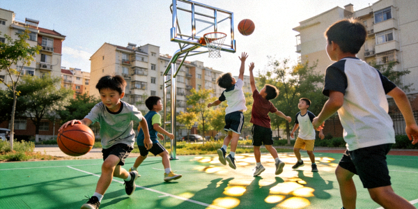 社区儿童在新建的篮球场上打篮球 - 青少年体育活动场景