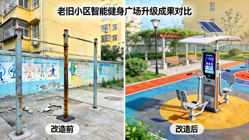老旧小区改造后的智能健身广场 - 新旧对比展示升级成果