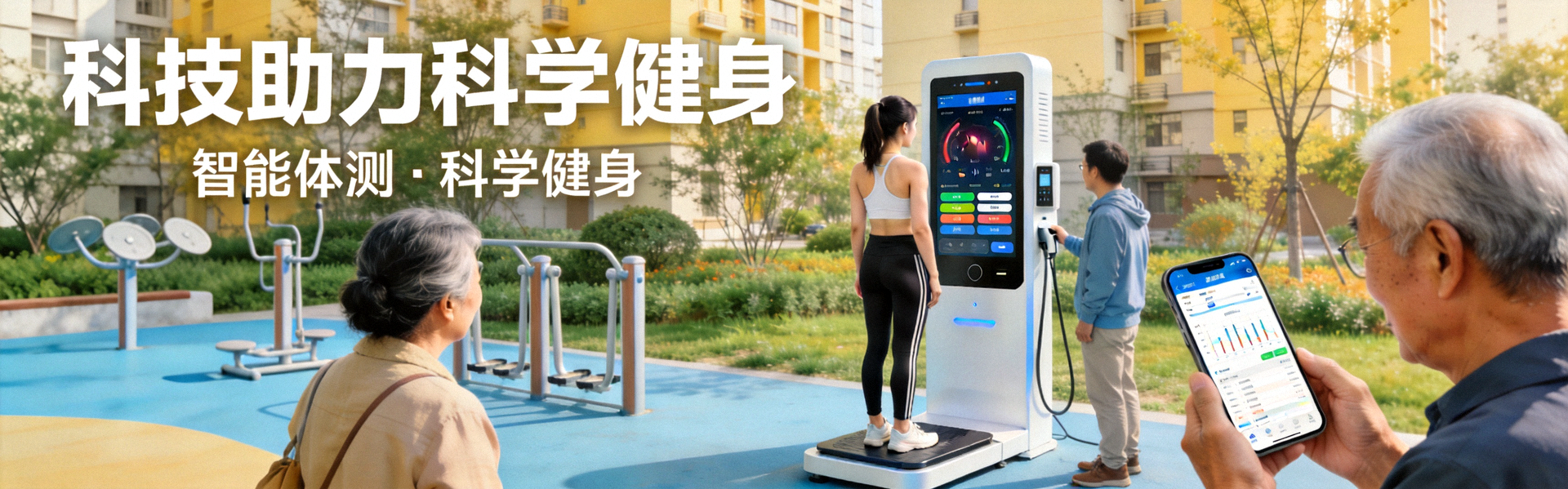 社区居民使用智能体测设备进行健康检测 - 科技助力科学健身