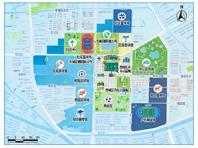 城市规划地图上标注各类体育设施分布 - 展示均衡布局的规划理念